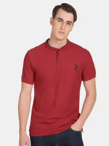 U.S. Polo Assn. U S Polo Assn Men Red Mandarin Collar Cotton T-shirt