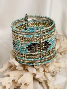 Moedbuille Women Gold-Toned & Turquoise Blue Brass Afghan Gold-Plated Wraparound Bracelet