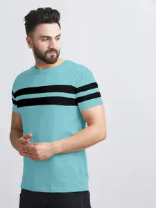 AUSK Men Sea Green & Black Striped Cotton T-shirt