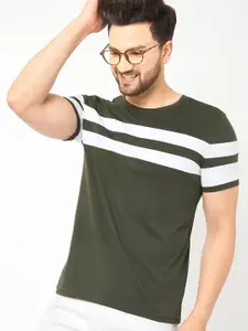 AUSK Men Green Striped Monochrome Cotton T-shirt