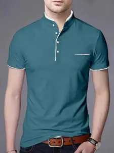 AUSK Men Teal Mandarin Collar T-shirt