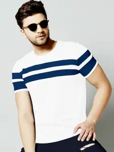 AUSK Men White & Blue Colorblocked Slim Fit T-shirt