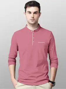 AUSK Men Peach-Coloured Mandarin Collar T-shirt