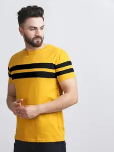 AUSK Men Mustard Yellow & Black Colourblocked Striped T-shirt