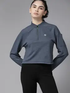 PROWL by Tiger Shroff Women Navy Blue Melange Effect Solid Half Zipper Running Sweatshirt