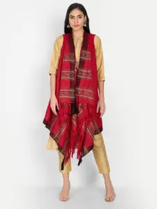 Zamour Women Maroon & Black Tasselled Longline Bohemian Woollen Shrug