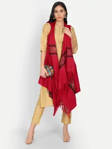 Zamour Women Maroon & Black Tasselled Longline Bohemian Woollen Shrug