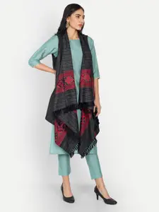 Zamour Women Black & Red Longline Tasselled Bohemian Woollen Shrug