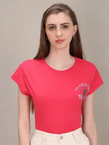 U.S. Polo Assn. Women Coral Typography Printed Extended Sleeves T-shirt