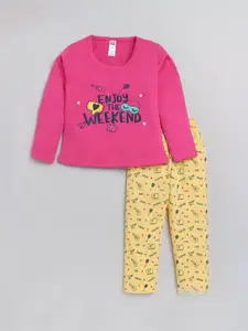 Nottie Planet Girls Fuchsia & Yellow Pure Cotton Printed T-shirt with Pyjamas