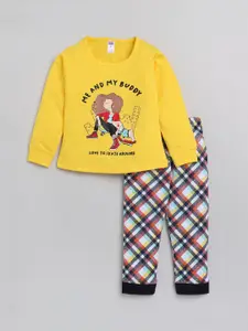 Nottie Planet Girls Mustard & Red Printed Cotton Top with Pyjamas