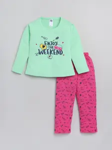 Nottie Planet Girls Green & Pink Printed Cotton Top with Trousers