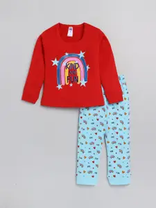 Nottie Planet Girls Red & Blue Printed Cotton T-shirt with Pyjamas