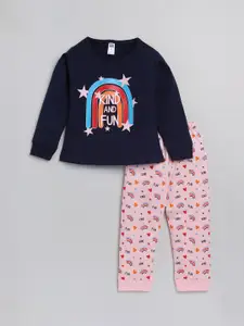 Nottie Planet Girls Navy Blue & Pink Printed Cotton T-shirt with Pyjamas