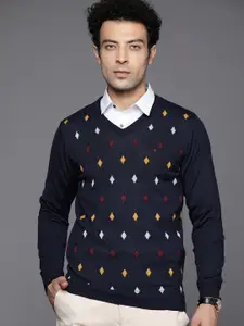 Louis Philippe Men Navy Blue & White Geometric Design Pullover
