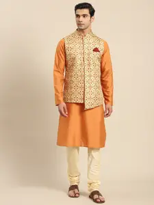 KISAH Men Orange Kurta with Churidar & Nehru Jacket
