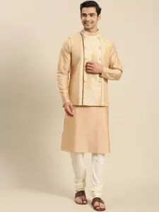 KISAH Men Beige Kurta with Churidar & Nehru Jacket