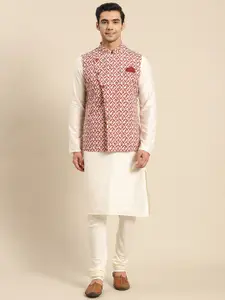 KISAH Men White Kurta with Churidar & Nehru Jacket