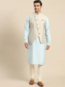 KISAH Men Turquoise Blue Kurta with Churidar & Nehru Jacket