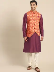 KISAH Men Maroon Kurta with Churidar & Nehru Jacket