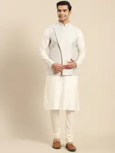 KISAH Men White Kurta with Churidar & Nehru Jacket