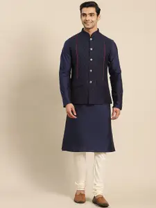 KISAH Men Navy Blue Kurta with Churidar & Nehru Jacket