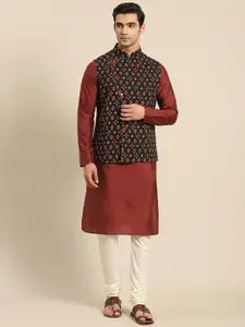 KISAH Men Maroon Kurta with Churidar & Nehru Jacket
