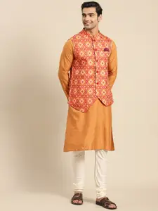 KISAH Men Beige Kurta with Churidar & Nehru Jacket