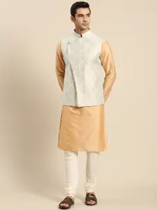 KISAH Men Beige Kurta with Churidar & Nehru Jacket