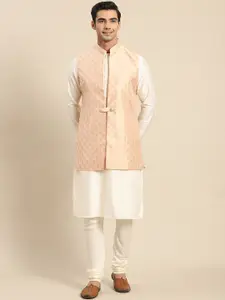 KISAH Men White Kurta with Churidar & Nehru Jacket