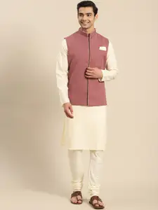 KISAH Men Beige Kurta with Churidar & Nehru Jacket