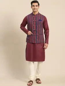 KISAH Men Maroon Kurta with Churidar & Nehru Jacket