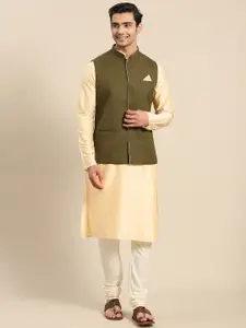 KISAH Men Beige Kurta with Churidar & Nehru Jacket