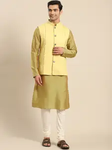KISAH Men Olive Green Kurta with Churidar & Nehru Jacket