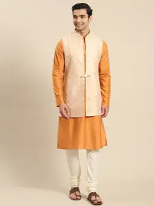 KISAH Men Taupe Kurta with Churidar & Nehru Jacket