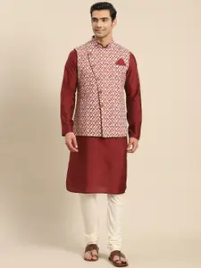 KISAH Men Maroon Kurta with Churidar & Nehru Jacket