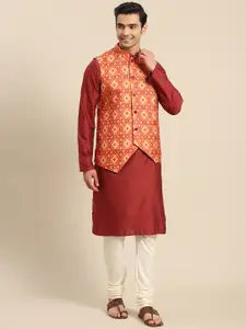 KISAH Men Red Kurta with Churidar & Nehru Jacket Set