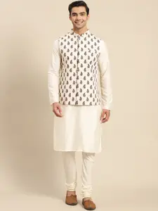 KISAH Men White Paisley Kurta with Churidar & Nehru Jacket