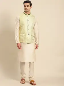 KISAH Men Golden Kurta with Churidar & Nehru Jacket