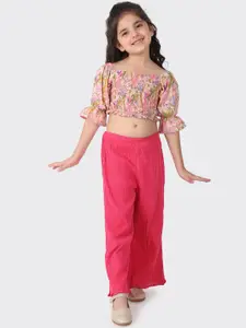 Fabindia Girls Pink & Green Printed pure cotton Top with Trousers