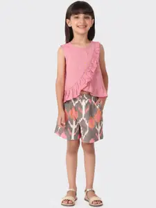 Fabindia Girls Pink & Grey Pure Cotton Top with Shorts