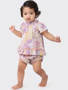 Fabindia Girls Lavender & White Printed  Pure Cotton Top with Bloomer Set