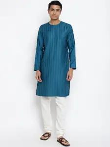 Fabindia Men Teal Striped Thread Work Kurta
