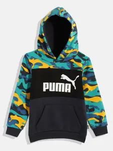 Puma Boys Blue & Black Printed Essentials Hooded Sweatshirt