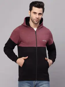 Kalt Men Maroon Colourblocked Zipper Hoodie Sweatshirt