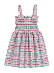 Knitting Doodles Girls Pink & Blue Checked A-Line Cotton Dress