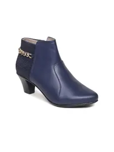 VALIOSAA Women Navy Blue & Gold Embellished Synthetic Block Heeled Boots