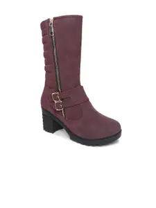 VALIOSAA Women Maroon Solid High-Top Block Heeled Boots with Buckles