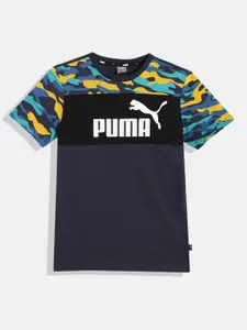 Puma Boys Navy Blue Essentials+ Camo Youth Brand Logo Printed Pure Cotton T-shirt