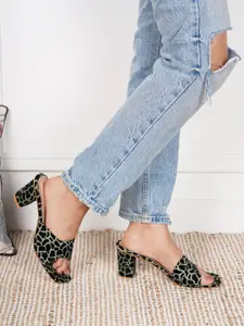 Shezone Green & Black Printed Block Heels